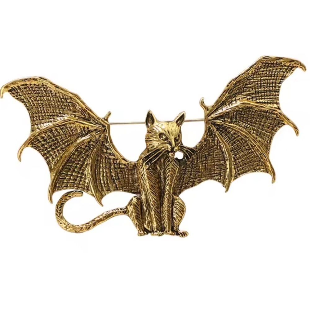Gothic Bat Cat Brass Brooch